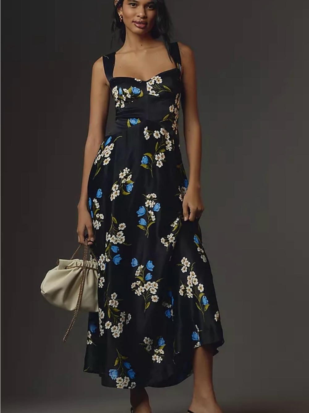 Anthropologie Black Midi Dress with Blue & White Floral Print